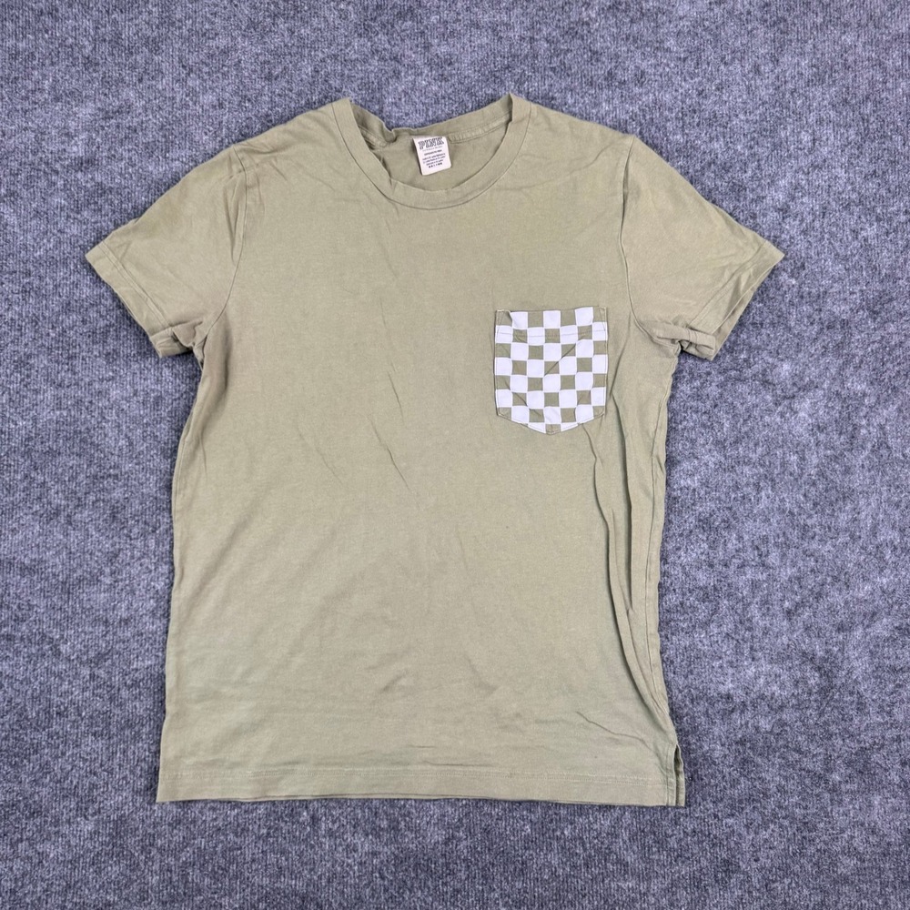 PINK T-Shirt Womens Size S Olive Green Checkered Pocket Dog Graphic Short Sleeve